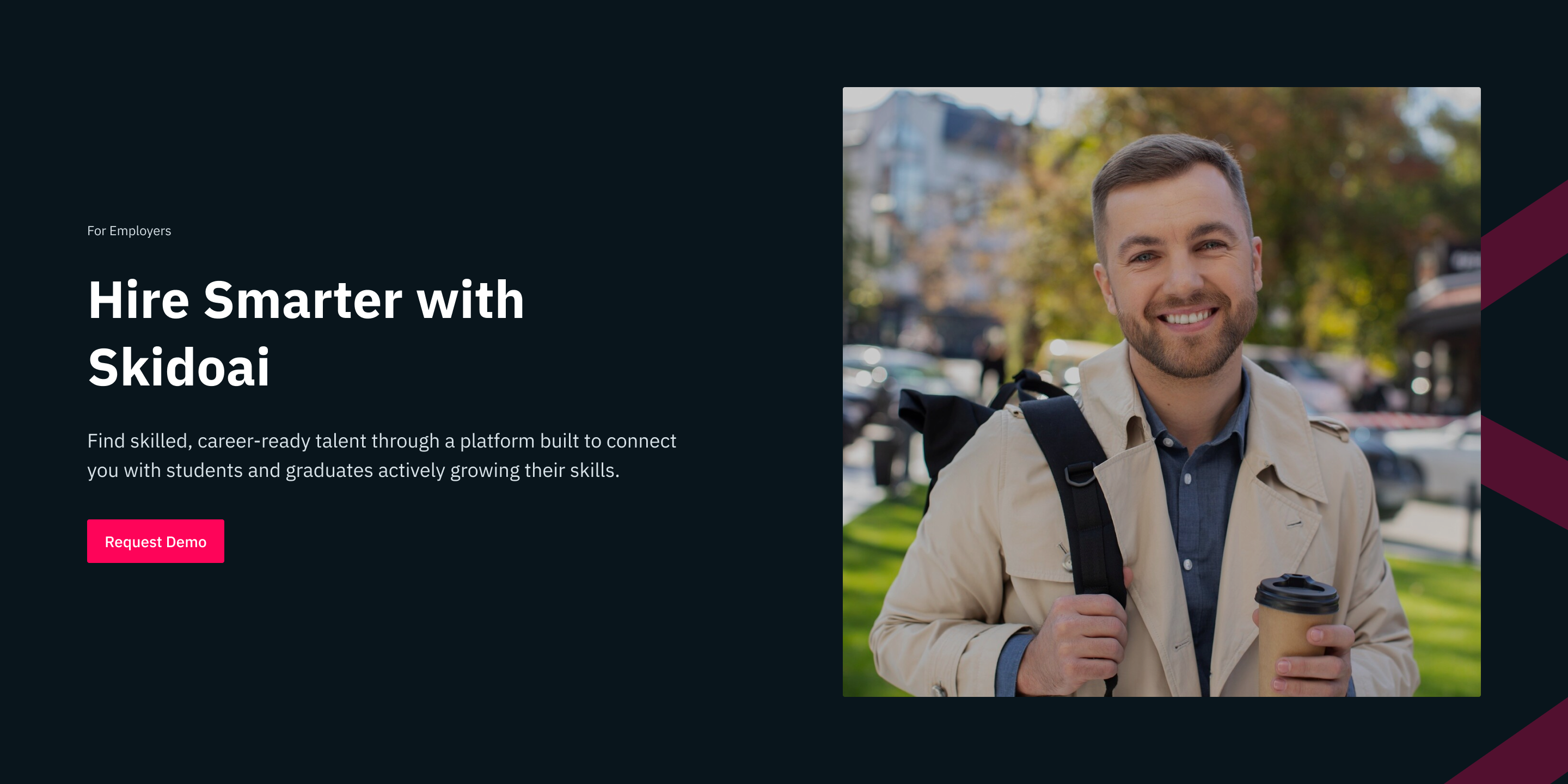 Professional employer with backpack and coffee - representing successful hiring